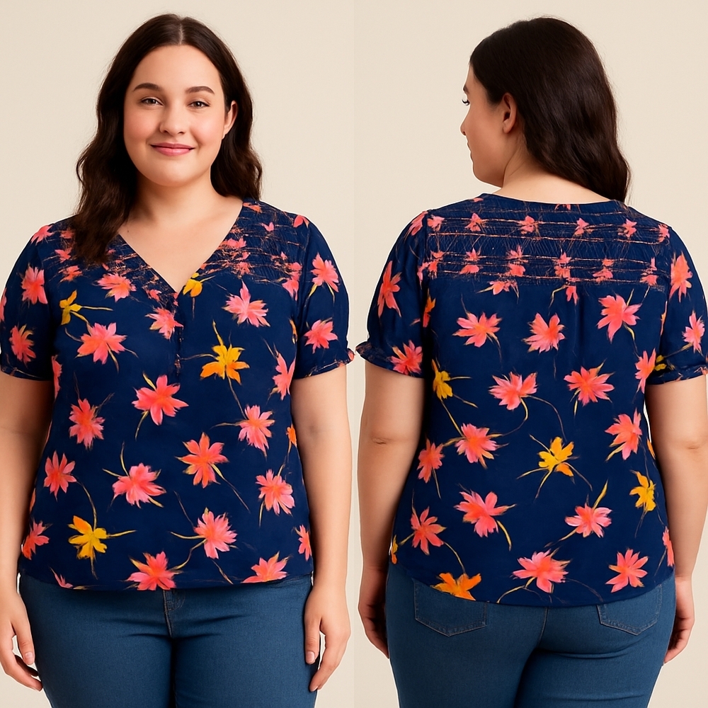 Daniel Rainn Navy Floral V-Neck Blouse with Pink and Yellow Flowers
